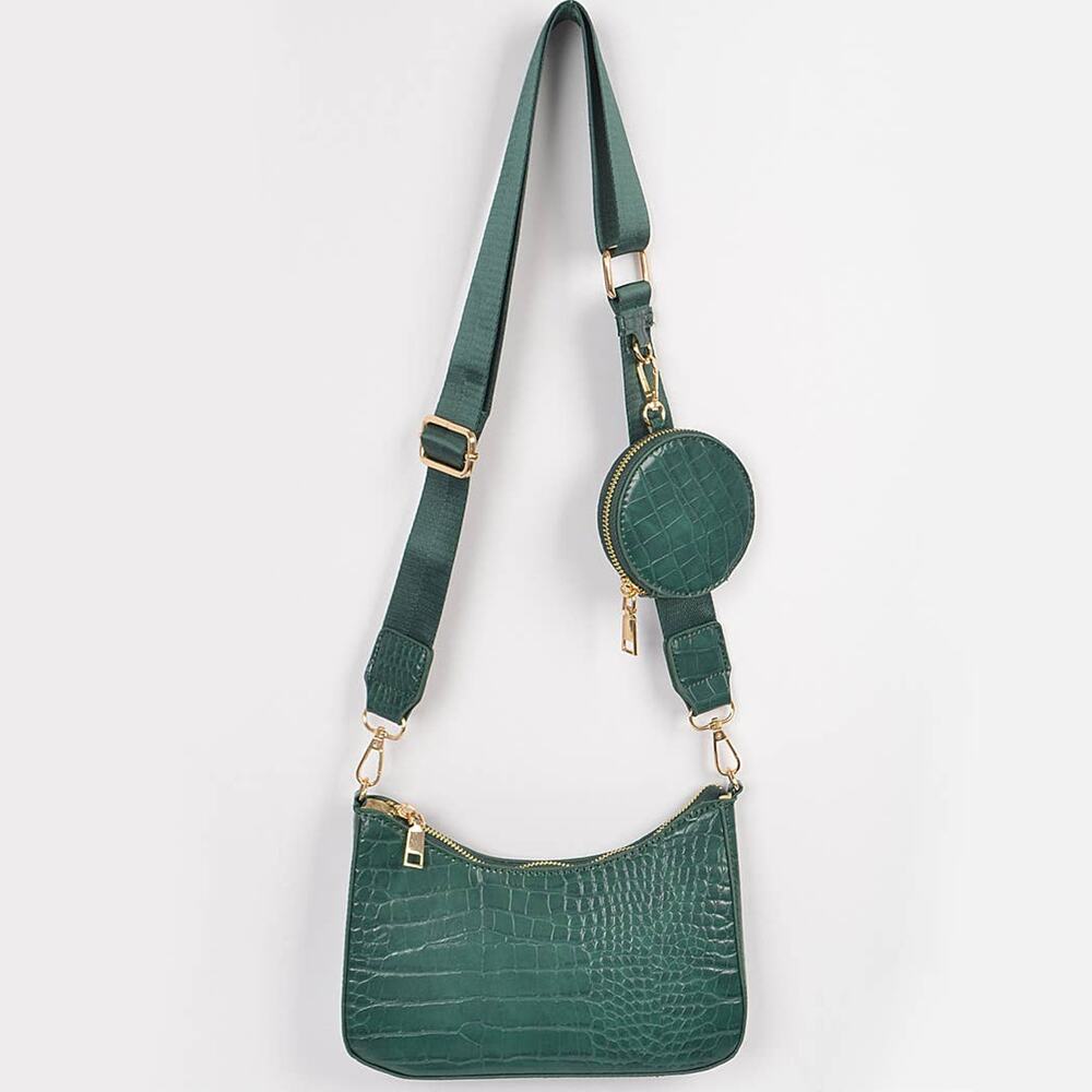Faux Croc Crossbody Bag with AirPod Pouch - Textured Vegan Leather Bag